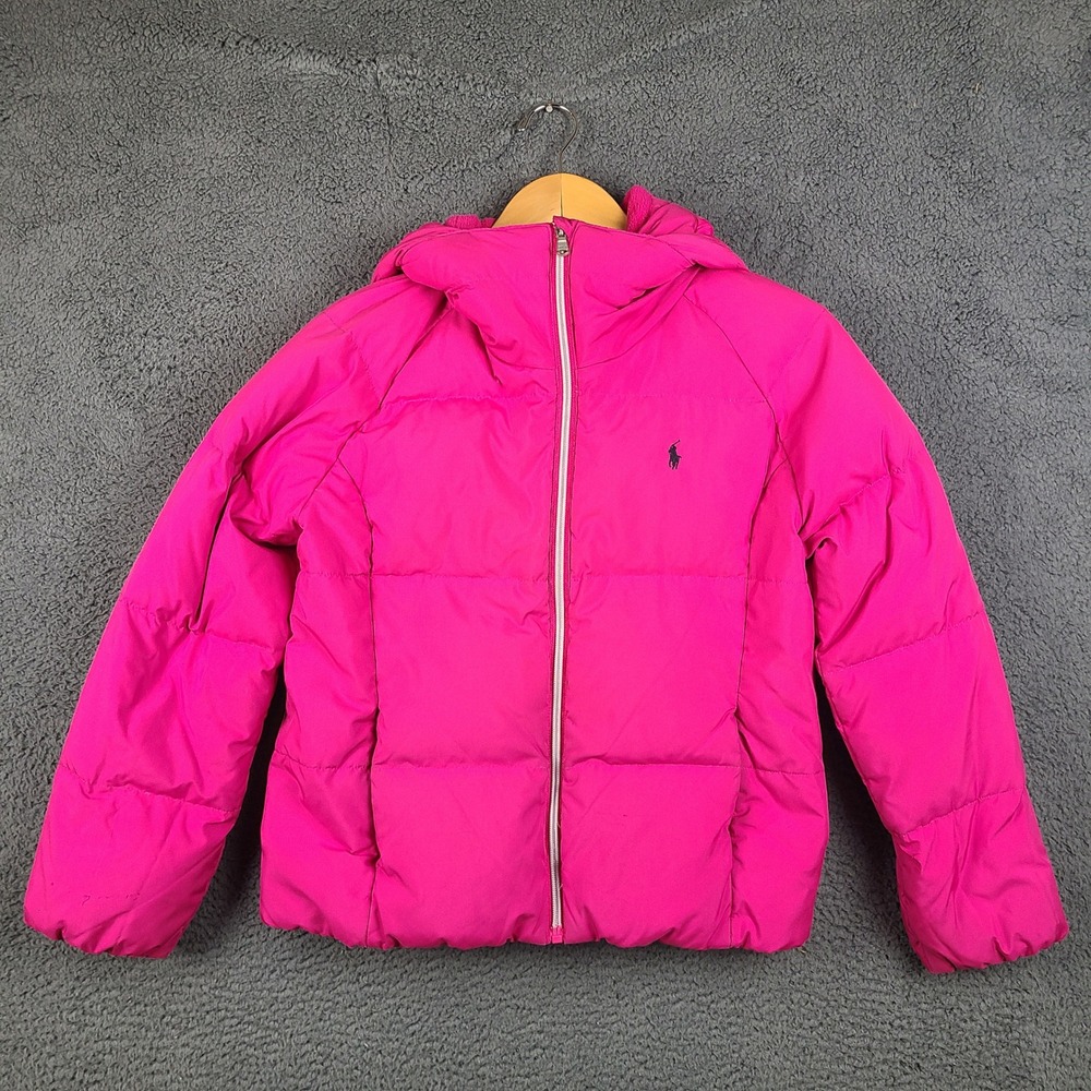 Polo Ralph Lauren Girls Hot Pink Down Puffer Jacket Hooded Size L 12-14
